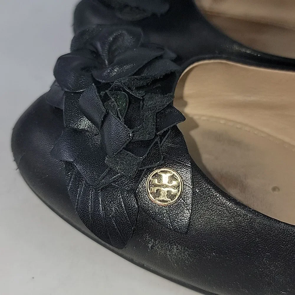 Tory Burch Black‎ Leather Blossom Ballet Flats